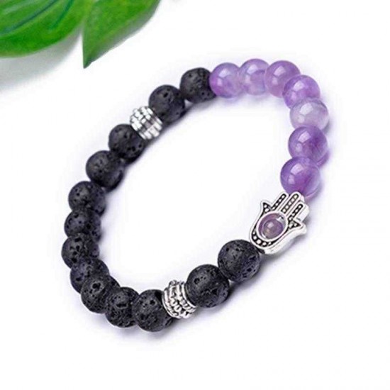 Retro 8mm Volcanic Stone Beaded Bracelet Half Natural Stone Bracelet Alloy Hand Women Bracelet