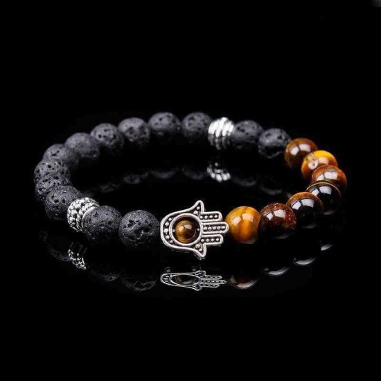 Retro 8mm Volcanic Stone Beaded Bracelet Half Natural Stone Bracelet Alloy Hand Women Bracelet