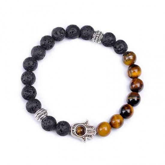 Retro 8mm Volcanic Stone Beaded Bracelet Half Natural Stone Bracelet Alloy Hand Women Bracelet