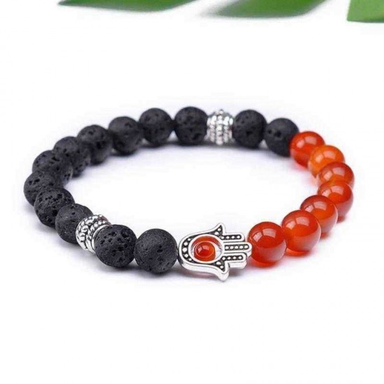 Retro 8mm Volcanic Stone Beaded Bracelet Half Natural Stone Bracelet Alloy Hand Women Bracelet