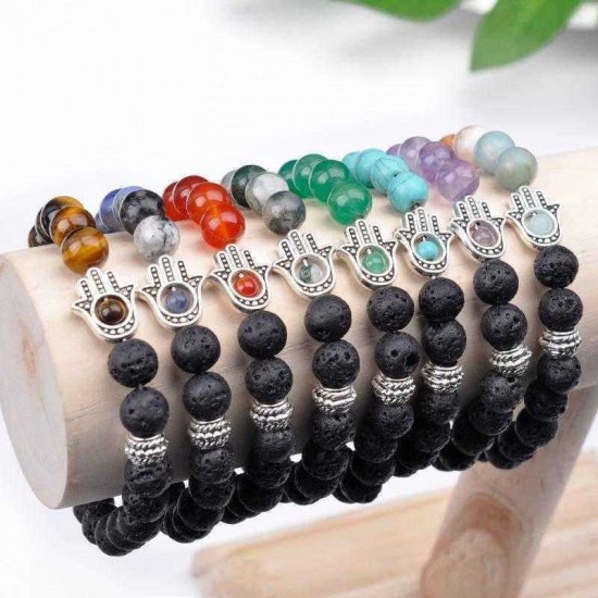 Retro 8mm Volcanic Stone Beaded Bracelet Half Natural Stone Bracelet Alloy Hand Women Bracelet