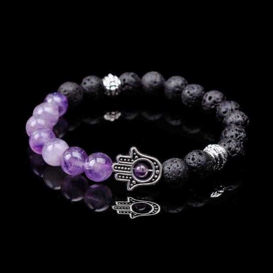 Retro 8mm Volcanic Stone Beaded Bracelet Half Natural Stone Bracelet Alloy Hand Women Bracelet