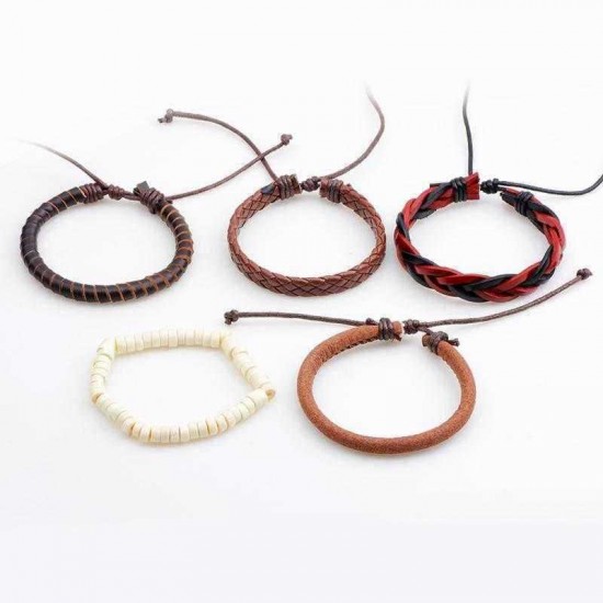 Retro Adjustable Leather Bracelet Wax Rope Multilayer Bead Chain for Men Women