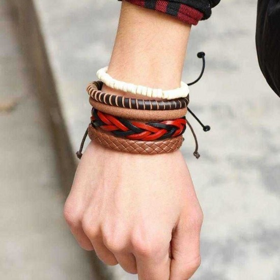 Retro Adjustable Leather Bracelet Wax Rope Multilayer Bead Chain for Men Women