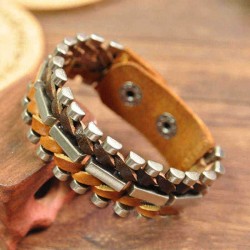 Retro Alloy Leather Hand Woven Bangle Geometry Multicolor Bracelet for Men Women