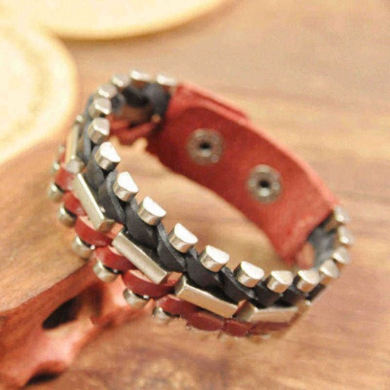 Retro Alloy Leather Hand Woven Bangle Geometry Multicolor Bracelet for Men Women