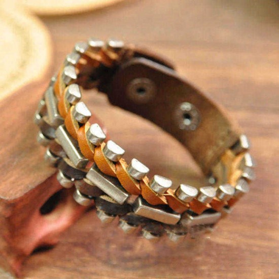 Retro Alloy Leather Hand Woven Bangle Geometry Multicolor Bracelet for Men Women