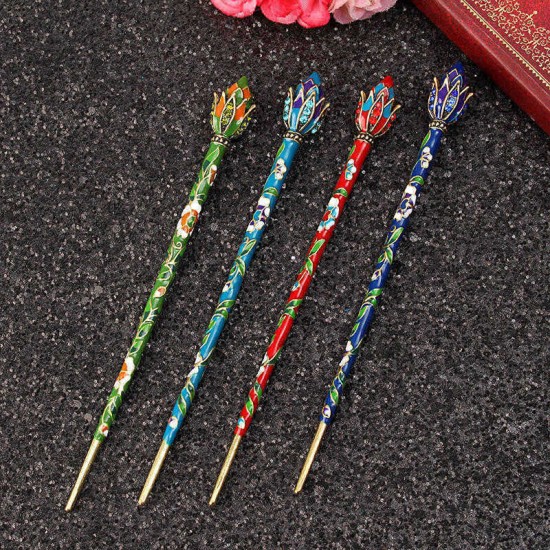 Retro Cloisonne Hairpin Elegant Chinese Style Lotus Flower Hair Accessories Best Gift for Women