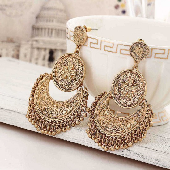 Retro Ethnic Tassel Alloy Flower Moon Drop Dangle Earring Jewelry for Women