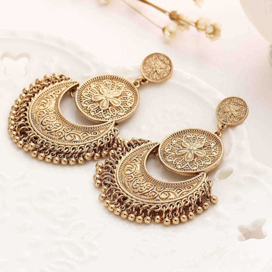 Retro Ethnic Tassel Alloy Flower Moon Drop Dangle Earring Jewelry for Women