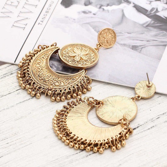 Retro Ethnic Tassel Alloy Flower Moon Drop Dangle Earring Jewelry for Women