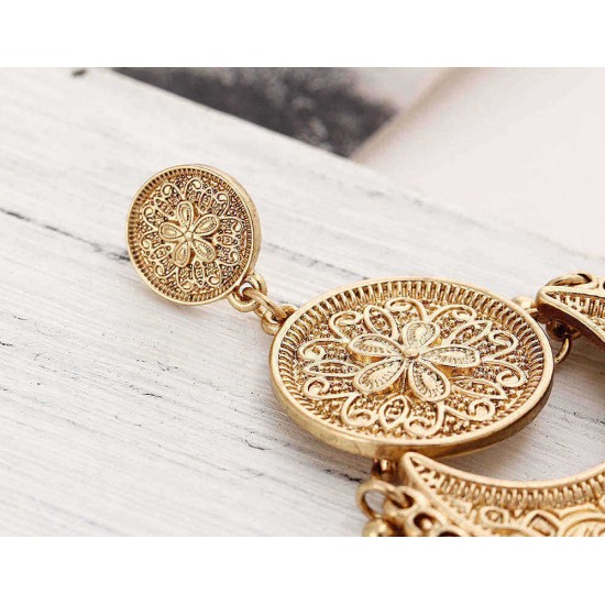 Retro Ethnic Tassel Alloy Flower Moon Drop Dangle Earring Jewelry for Women