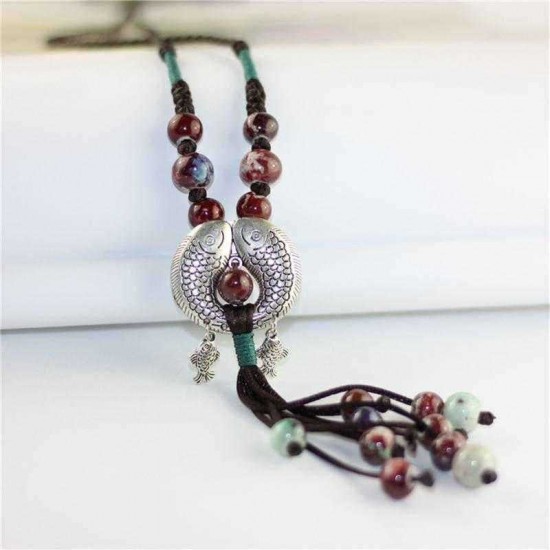 Retro Fish Pendant Long Sweater Chain Ethnic Ceramic Beads Tassel Necklace for Girls Women