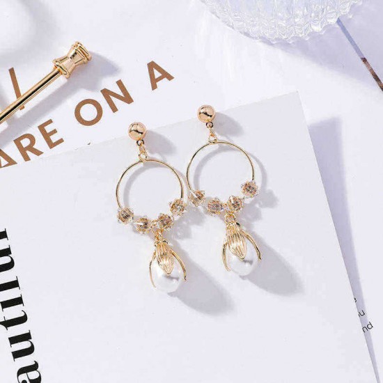 Retro Flower Pearl Ear Drop Long Style Water Drop Earrings Women Rhinestone Earring