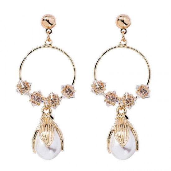 Retro Flower Pearl Ear Drop Long Style Water Drop Earrings Women Rhinestone Earring