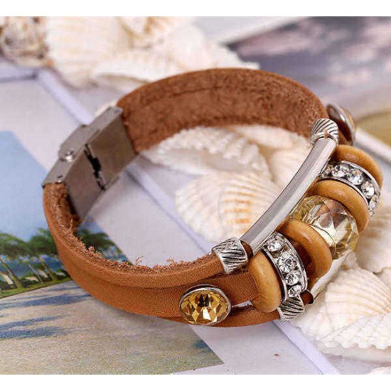 Retro Genuine Leather Wristband Bangle Punk Rhinestone Bead Bracelet for Women