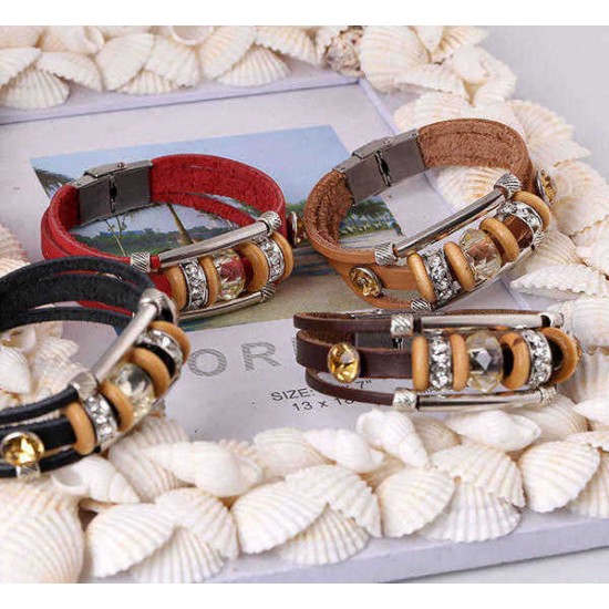 Retro Genuine Leather Wristband Bangle Punk Rhinestone Bead Bracelet for Women