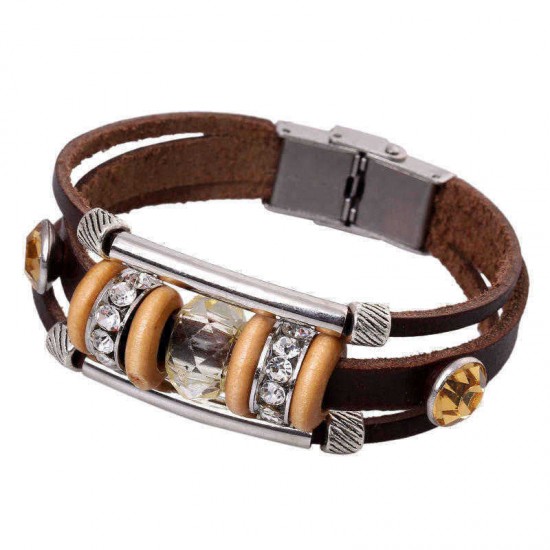 Retro Genuine Leather Wristband Bangle Punk Rhinestone Bead Bracelet for Women