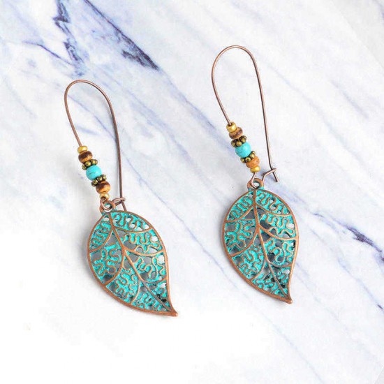 Retro Hollow Leaf Drop Earrings Bohemian Bronze Plated Women Jewelry