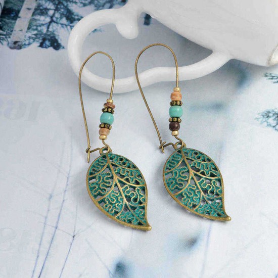 Retro Hollow Leaf Drop Earrings Bohemian Bronze Plated Women Jewelry