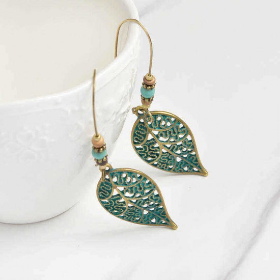 Retro Hollow Leaf Drop Earrings Bohemian Bronze Plated Women Jewelry