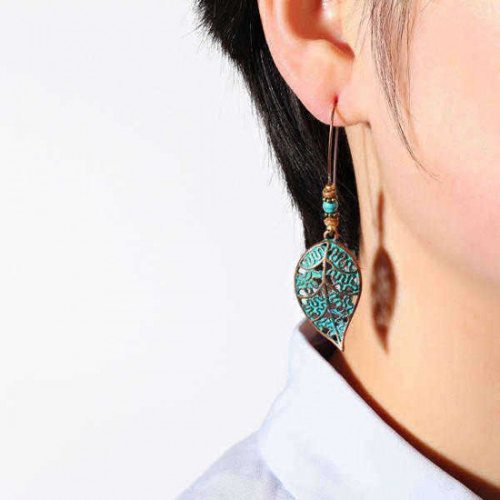 Retro Hollow Leaf Drop Earrings Bohemian Bronze Plated Women Jewelry