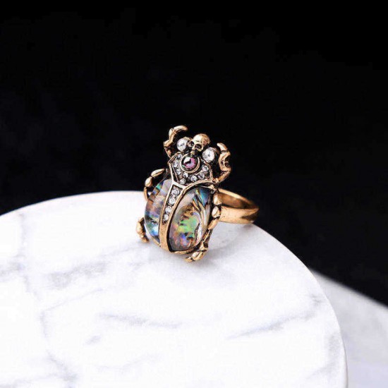 Retro Ladybug Women Ring Colorful Rhinestone Finger Ring Bronse Metal Ring