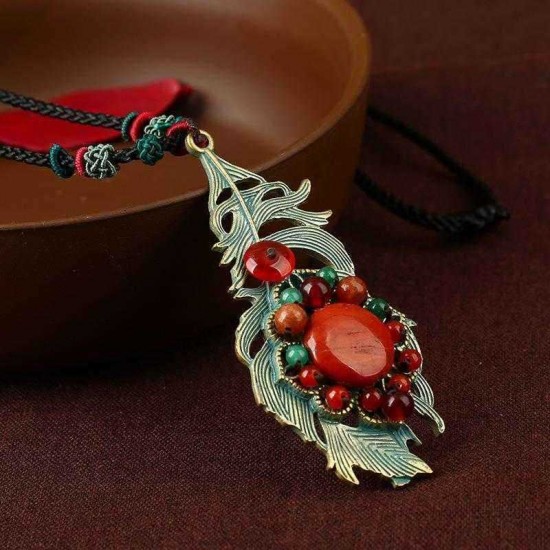 Retro Leaves Long Style Necklace Alloy Ikeramic Sweater Necklace For Women