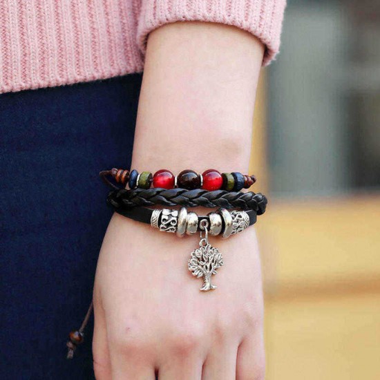 Retro Life Tree Multi Layer Bracelet Alloy Leather Beaded Bracelet For Women