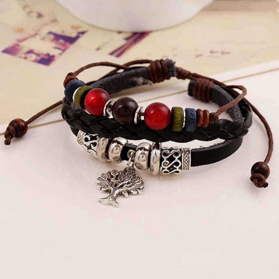 Retro Life Tree Multi Layer Bracelet Alloy Leather Beaded Bracelet For Women