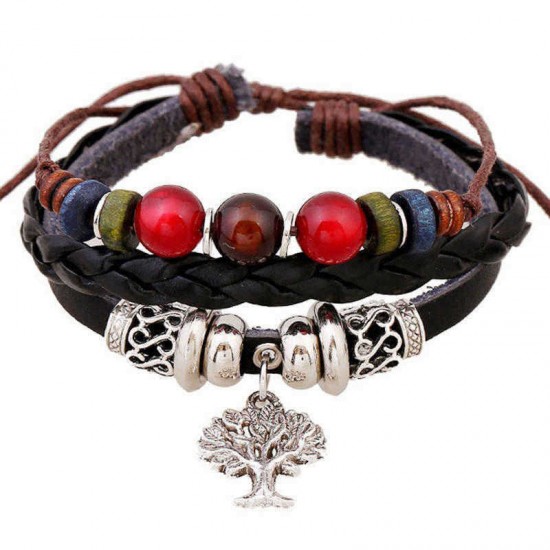 Retro Life Tree Multi Layer Bracelet Alloy Leather Beaded Bracelet For Women