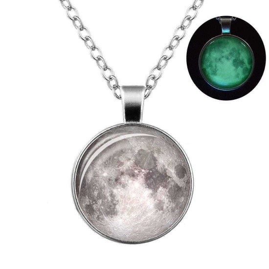 Retro Luminous Moon Long Necklace Sliver Alloy Sweater Necklace Unisex