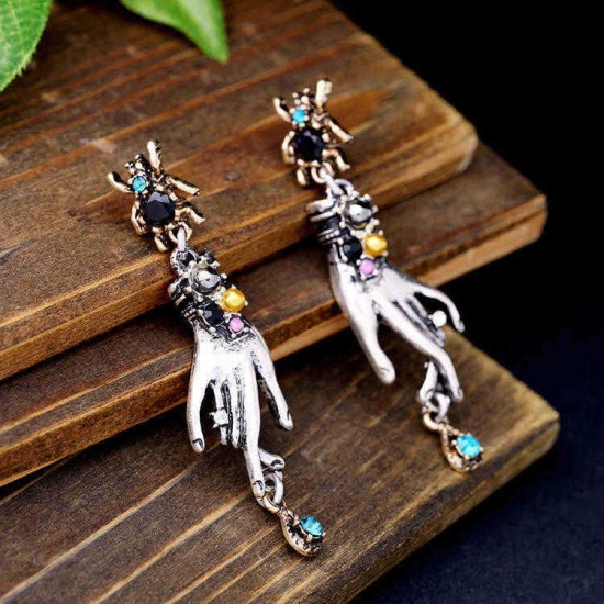 Retro Magic Hands Spider Drop Crystal Silver Dangle Earring Gift for Women