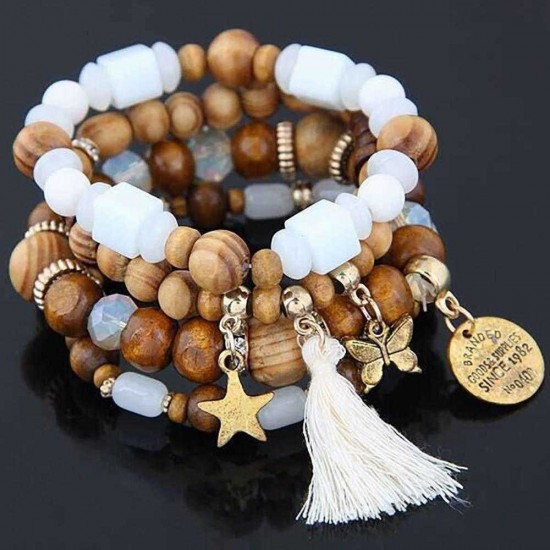 Retro Mix Color Beaded Bracelet Bohemian Butterfly Stars Multi Layer Bracelet For Women