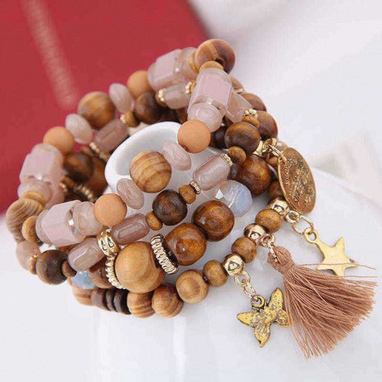 Retro Mix Color Beaded Bracelet Bohemian Butterfly Stars Multi Layer Bracelet For Women