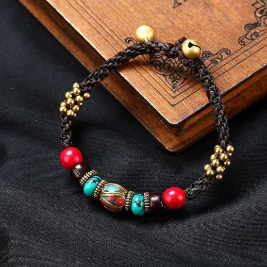 Retro Multicolor Turquoise Copper Beads Bangle Wax Rope Adjustable Women Bracelet