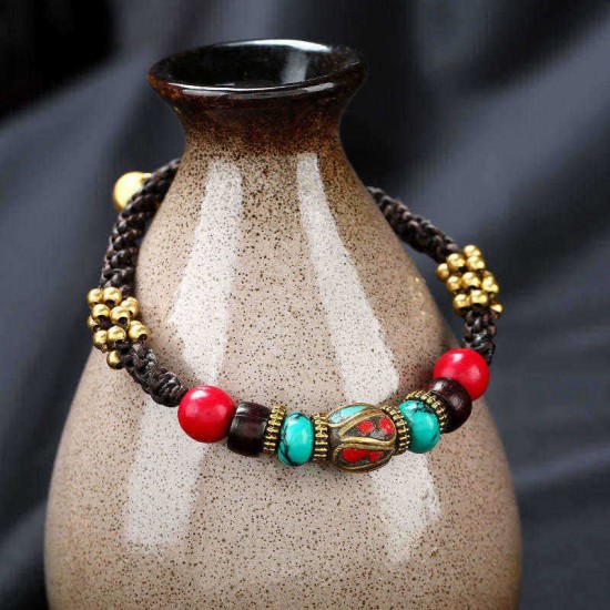 Retro Multicolor Turquoise Copper Beads Bangle Wax Rope Adjustable Women Bracelet