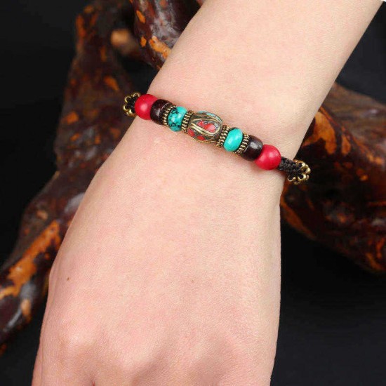 Retro Multicolor Turquoise Copper Beads Bangle Wax Rope Adjustable Women Bracelet