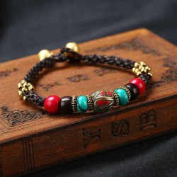 Retro Multicolor Turquoise Copper Beads Bangle Wax Rope Adjustable Women Bracelet