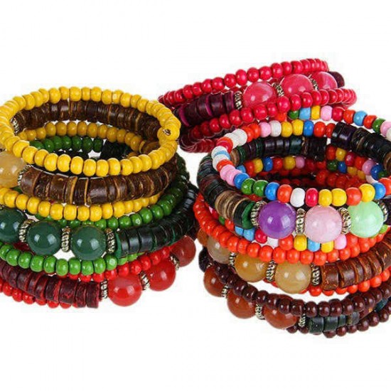 Retro Multilayer Wood Resin Tibetan Buddhist Colorful Bead Bracelet for Women