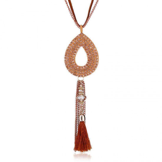 Retro Oval Rhinestone Pendant Long Necklace Velvet Tassels Charm Necklace Ethnic Jewelry for Women