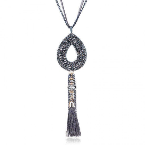 Retro Oval Rhinestone Pendant Long Necklace Velvet Tassels Charm Necklace Ethnic Jewelry for Women