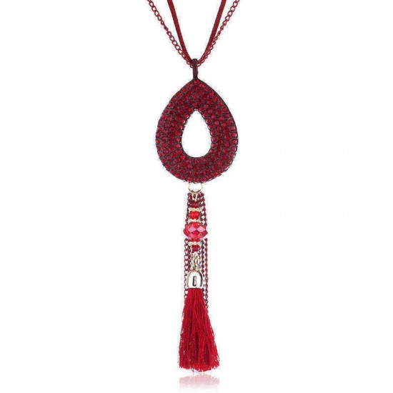 Retro Oval Rhinestone Pendant Long Necklace Velvet Tassels Charm Necklace Ethnic Jewelry for Women