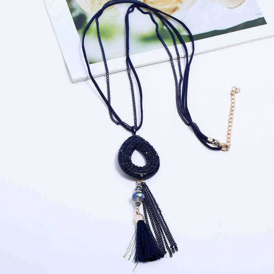 Retro Oval Rhinestone Pendant Long Necklace Velvet Tassels Charm Necklace Ethnic Jewelry for Women