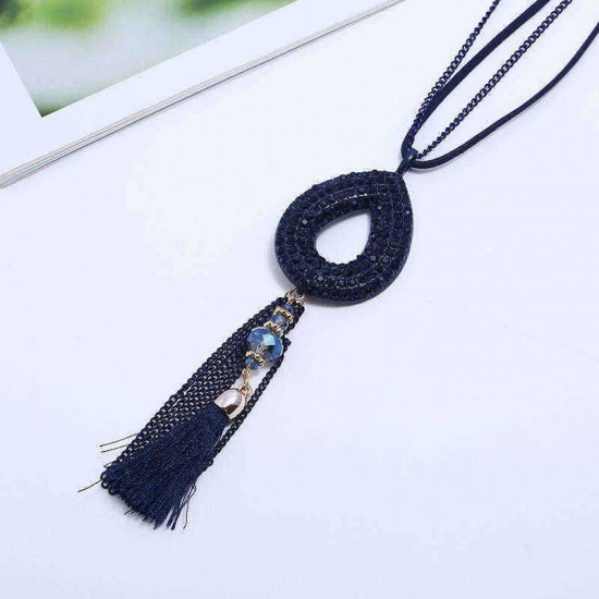 Retro Oval Rhinestone Pendant Long Necklace Velvet Tassels Charm Necklace Ethnic Jewelry for Women