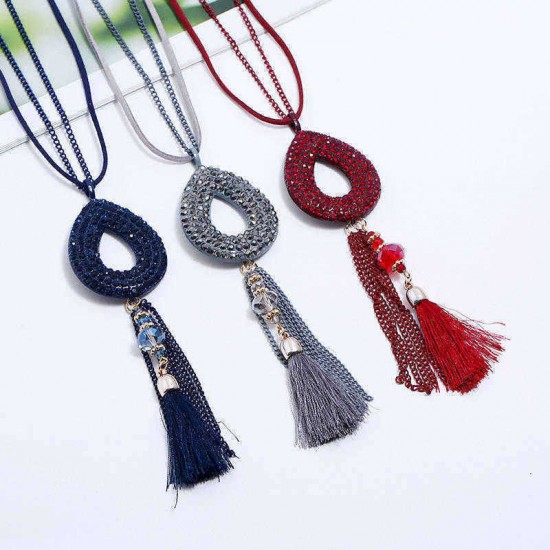 Retro Oval Rhinestone Pendant Long Necklace Velvet Tassels Charm Necklace Ethnic Jewelry for Women