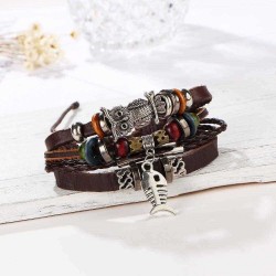 Retro Owl Fish Multi Layer Bracelet Brown Leather Woven Bracelet For Men