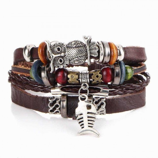 Retro Owl Fish Multi Layer Bracelet Brown Leather Woven Bracelet For Men