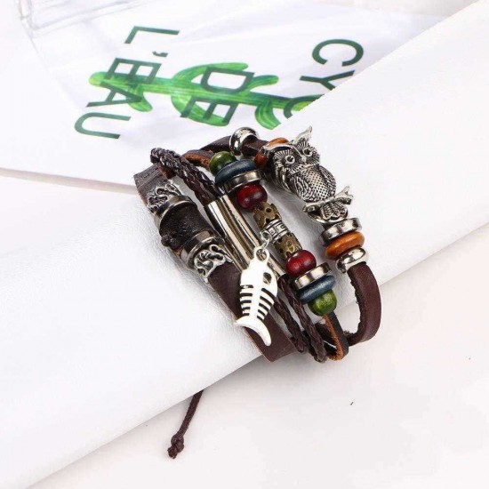 Retro Owl Fish Multi Layer Bracelet Brown Leather Woven Bracelet For Men