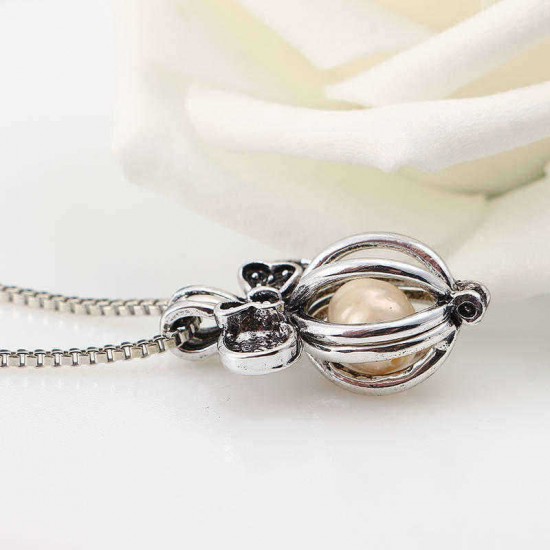 Retro Pearl Necklace Cute Bowknot Butterfly Charm Openable Hollow Ball Pendant Chain Women Jewelry